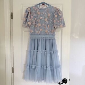 Ivy City Co Light Blue Dress with Blush Floral Embroidery